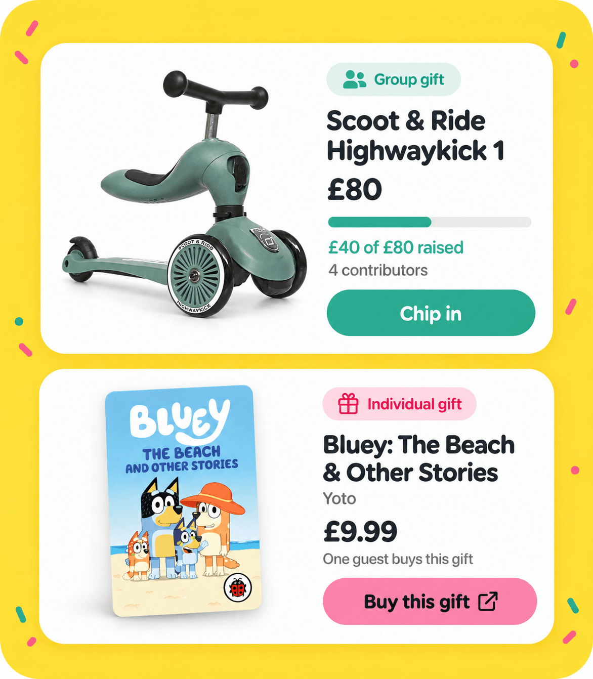 Wishlist showing an £80 Scoot & Ride group gift with contributions and a £9.99 Bluey Yoto card to buy individually